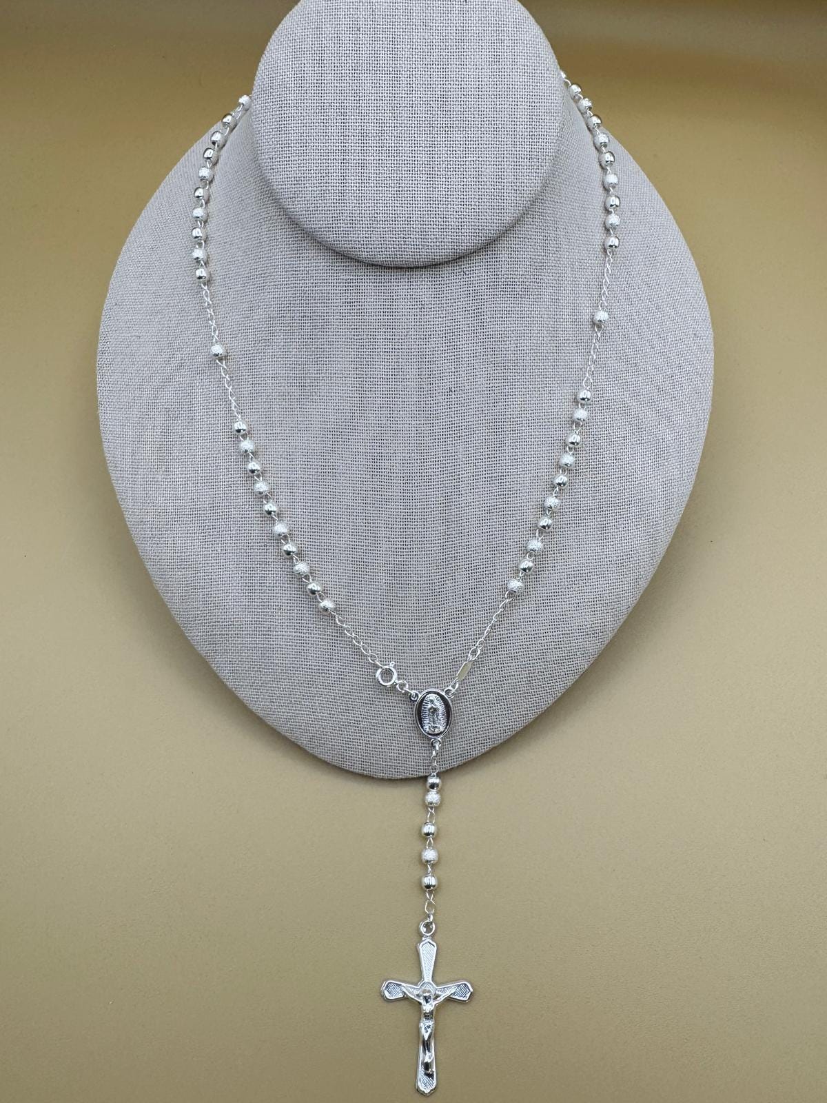 Beautiful Sterling Silver 925 Handmade 13 inch Rosary Perfect Gift (Alternating polished and frosted/textured round silver beads)