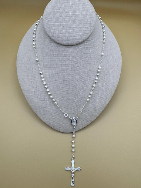 Beautiful Sterling Silver 925 Handmade 13 inch Rosary Perfect Gift (Alternating polished and frosted/textured round silver beads)