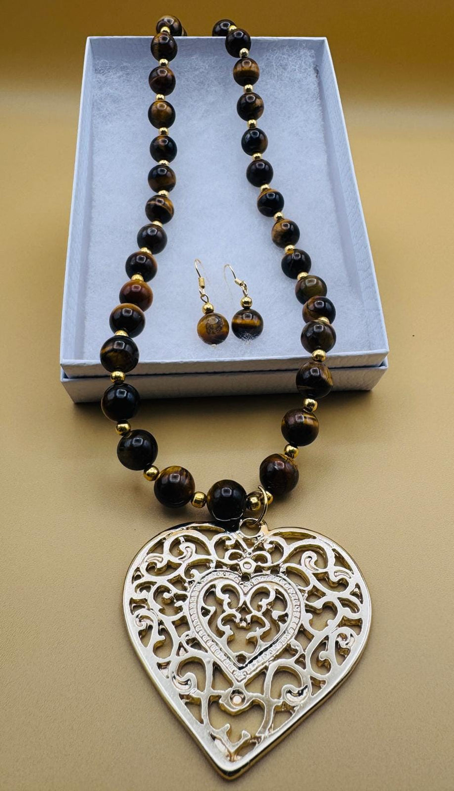 Handmade 14k gold-plated heart necklace from Mexico with natural stones