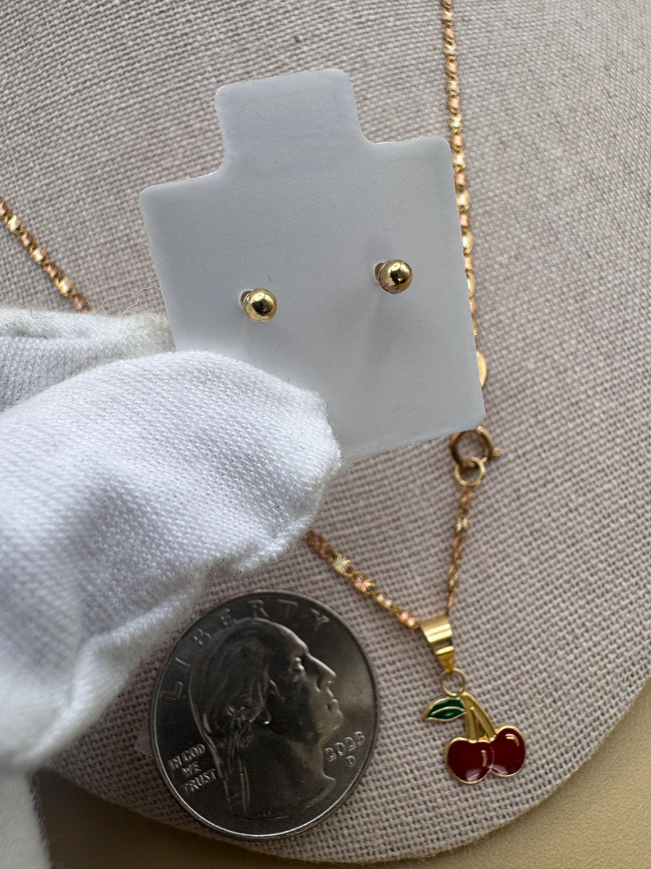 10k Solid Gold Cherry Jewelry Set – Necklace, Pendant &  Stud Earrings (3-piece Combo)