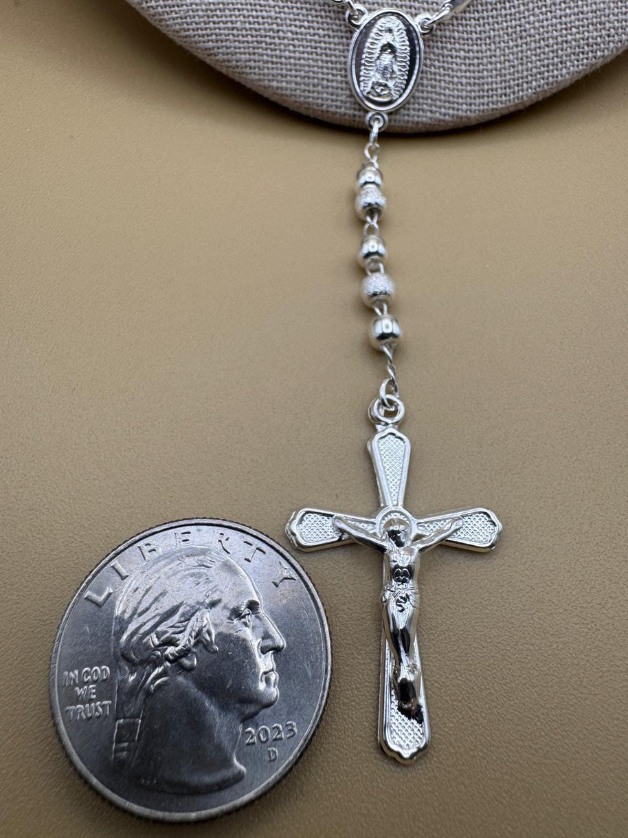 Beautiful Sterling Silver 925 Handmade 13 inch Rosary Perfect Gift (Alternating polished and frosted/textured round silver beads)