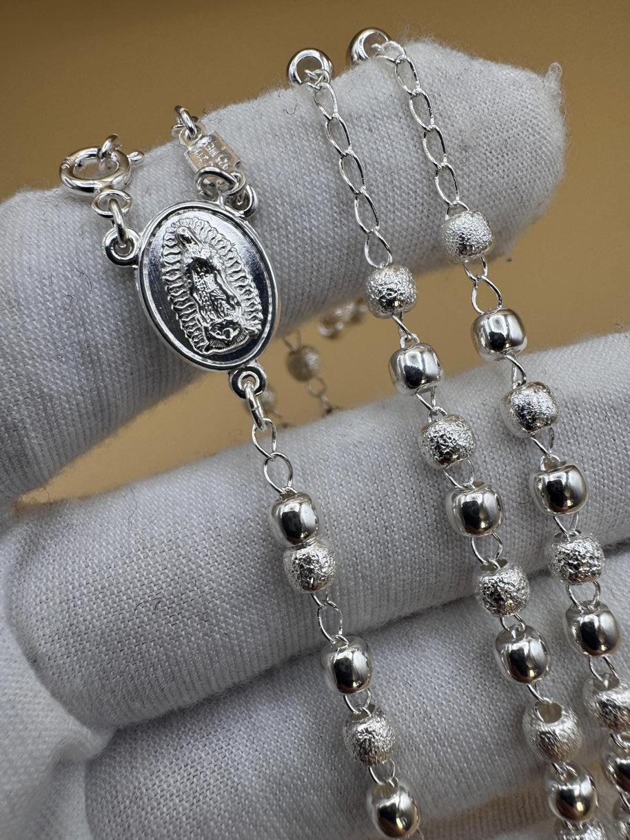 Beautiful Sterling Silver 925 Handmade 13 inch Rosary Perfect Gift (Alternating polished and frosted/textured round silver beads)
