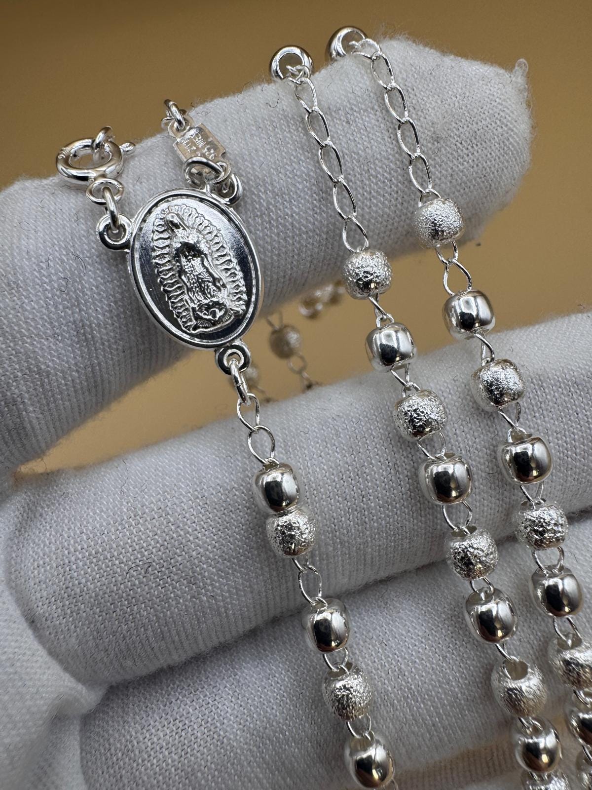 Beautiful Sterling Silver 925 Handmade 13 inch Rosary Perfect Gift (Alternating polished and frosted/textured round silver beads)