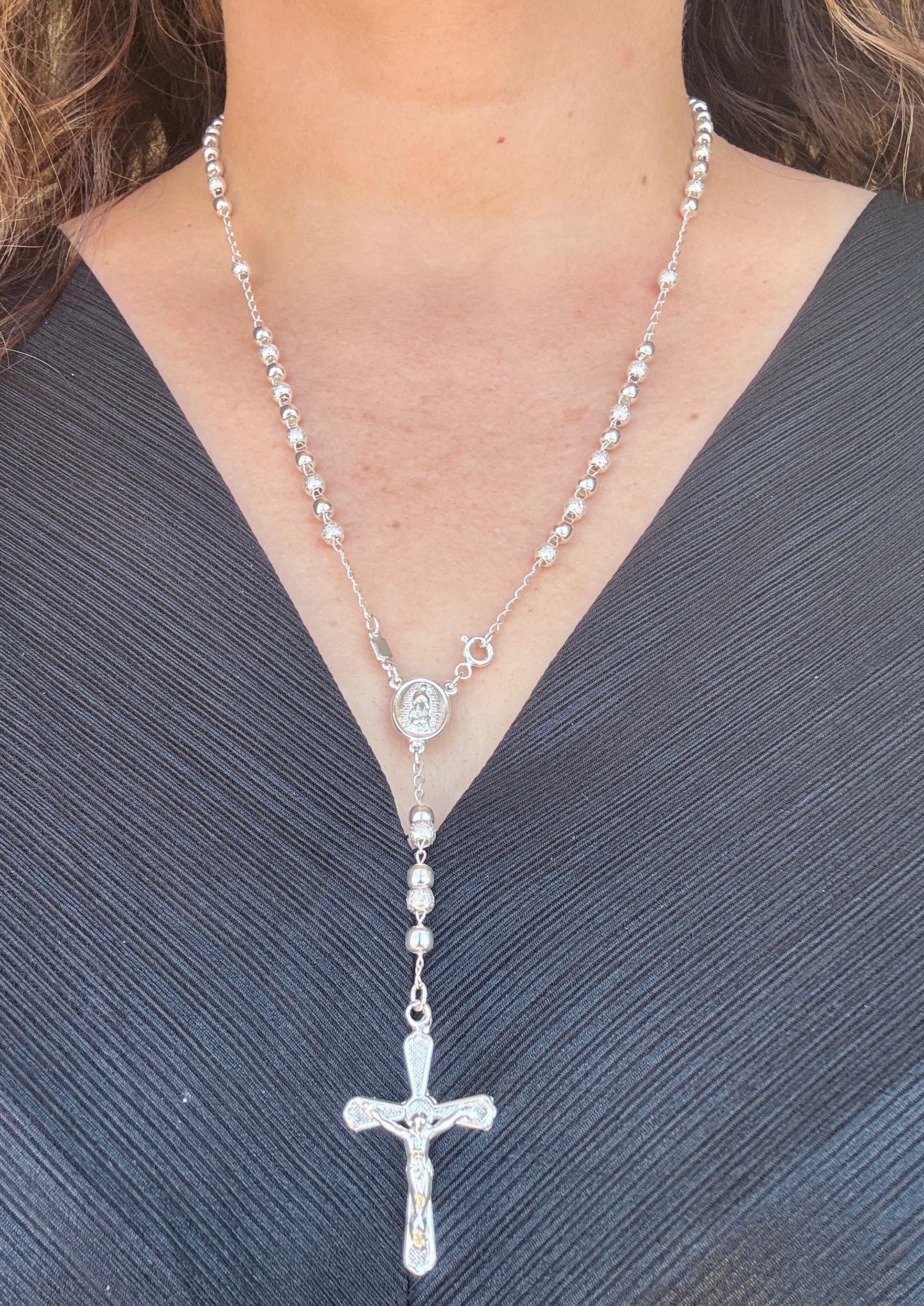 Beautiful Sterling Silver 925 Handmade 13 inch Rosary Perfect Gift (Alternating polished and frosted/textured round silver beads)