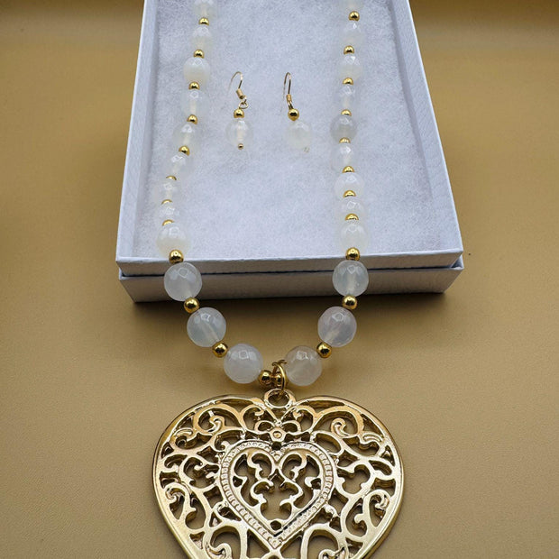 Handmade 14k gold-plated heart necklace from Mexico with natural stones