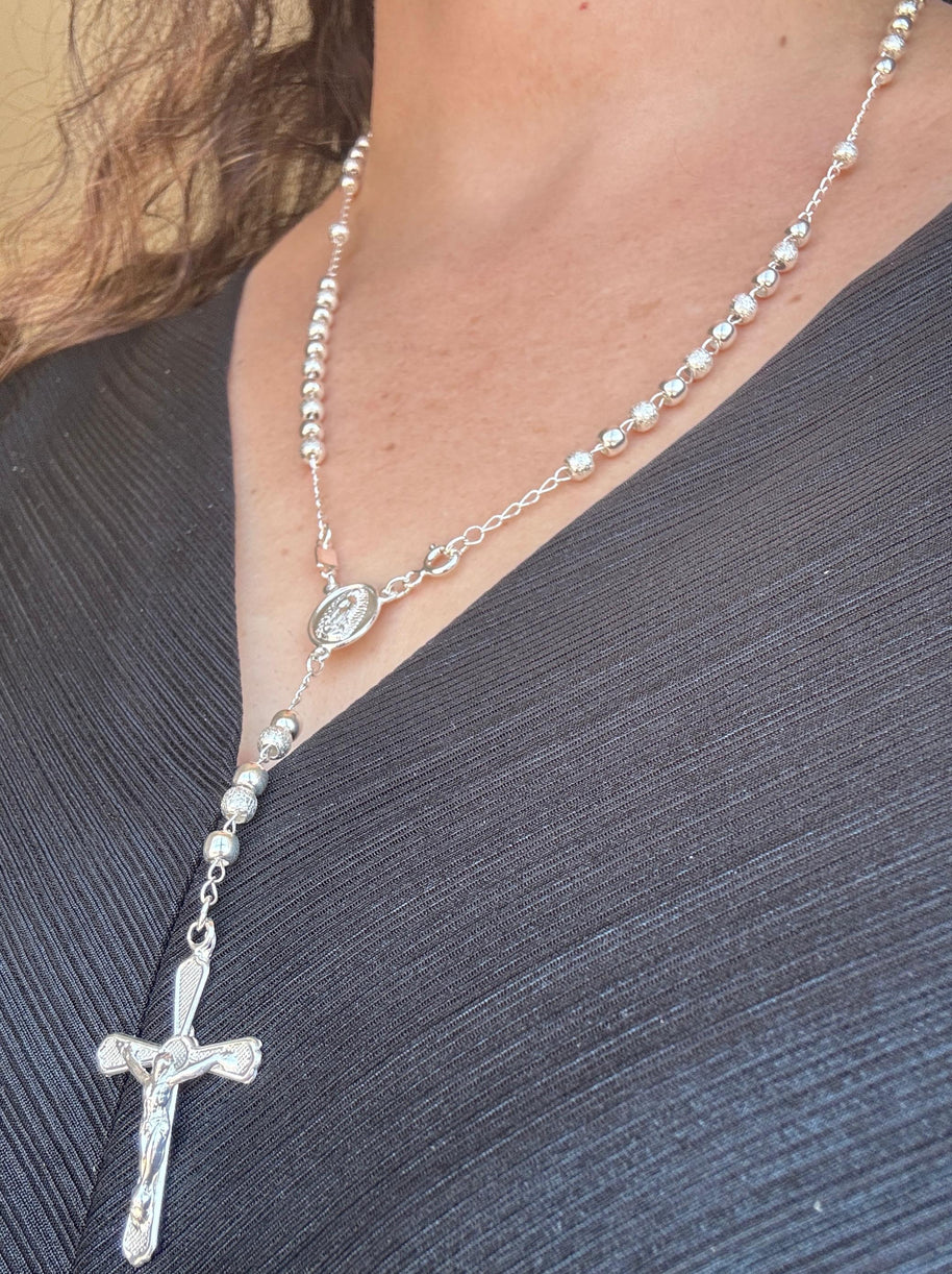 Beautiful Sterling Silver 925 Handmade 13 inch Rosary Perfect Gift (Alternating polished and frosted/textured round silver beads)