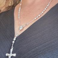 Beautiful Sterling Silver 925 Handmade 13 inch Rosary Perfect Gift (Alternating polished and frosted/textured round silver beads)