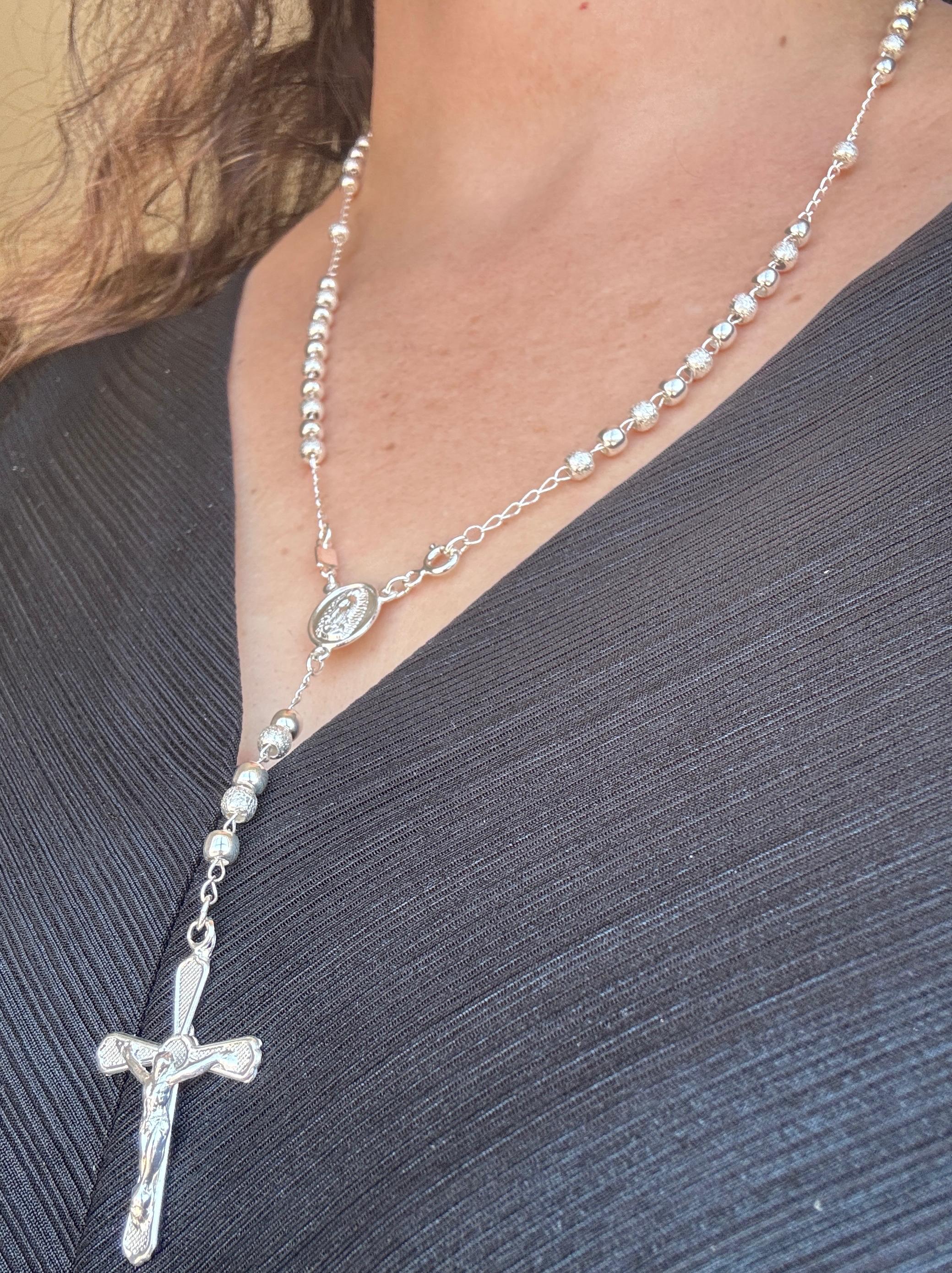 Beautiful Sterling Silver 925 Handmade 13 inch Rosary Perfect Gift (Alternating polished and frosted/textured round silver beads)