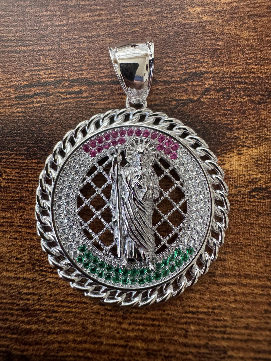 Saint Judas Tadeo Pendant – 925 Sterling Silver with Cubic Zirconia Stones