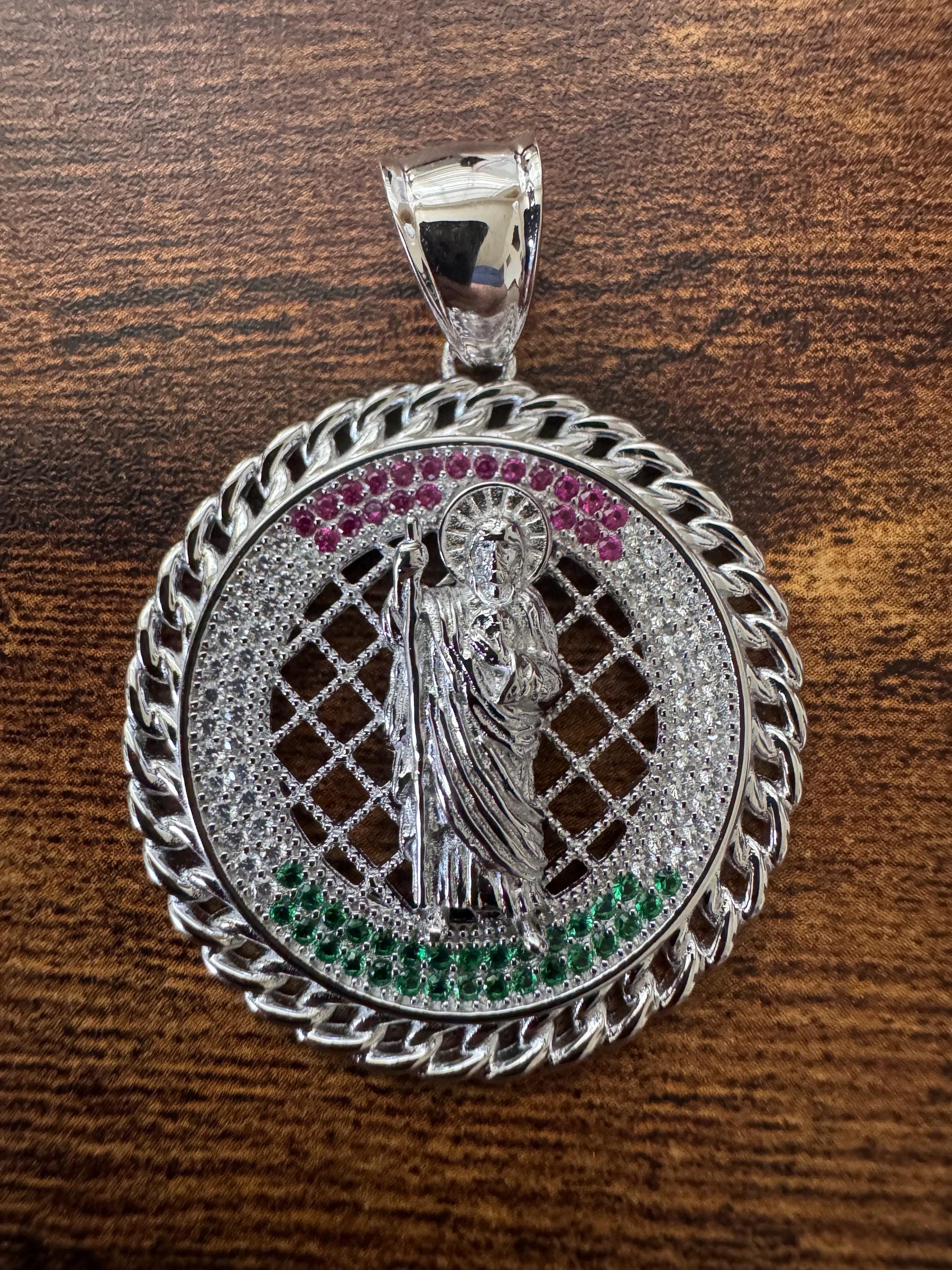 Saint Judas Tadeo Pendant – 925 Sterling Silver with Cubic Zirconia Stones