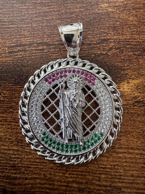 Saint Judas Tadeo Pendant – 925 Sterling Silver with Cubic Zirconia Stones