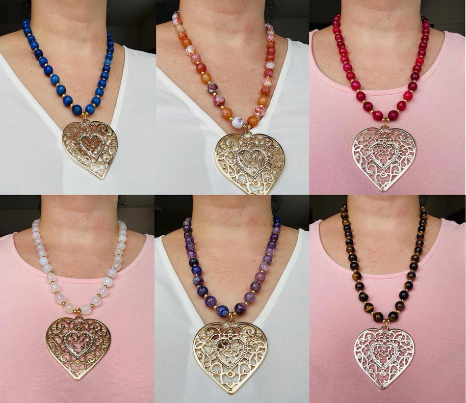 Handmade 14k gold-plated heart necklace from Mexico with natural stones
