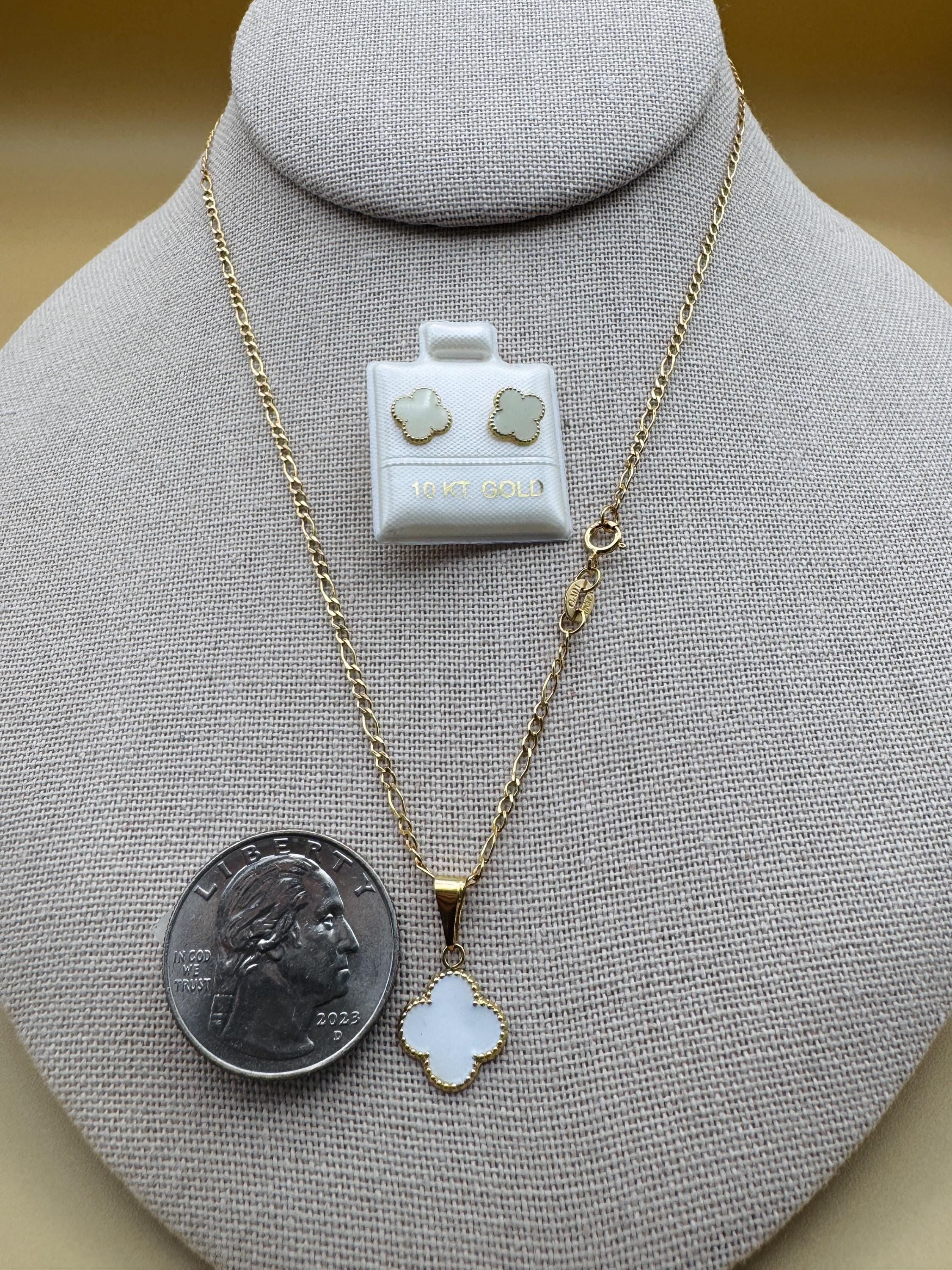 10K Gold White Clover Set – Chain, Pendant, and Earrings