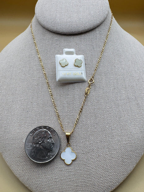 10K Gold White Clover Set – Chain, Pendant, and Earrings