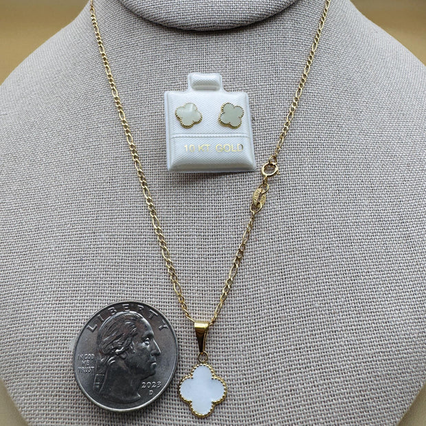 10K Gold White Clover Set – Chain, Pendant, and Earrings