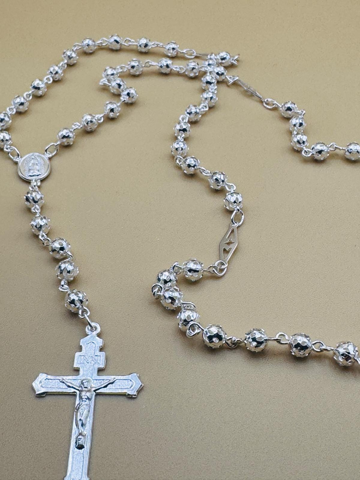 Beautiful Sterling Silver 925 Handmade 17 inch Rosary Perfect Gift (Perforated beads)