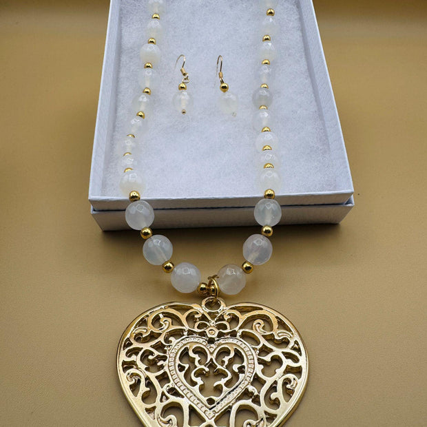 Handmade 14k gold-plated heart necklace from Mexico with natural stones