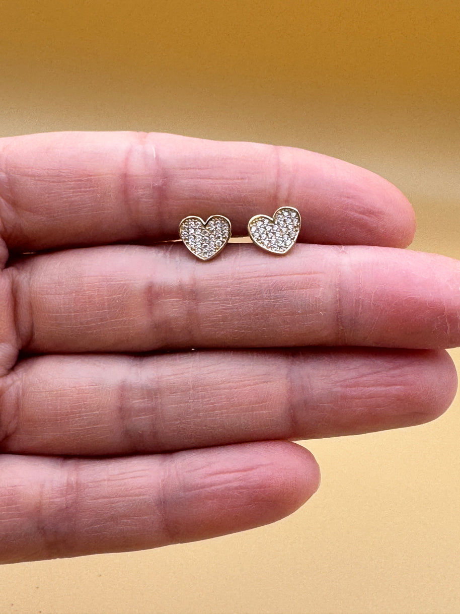 14K Gold CZ Heart Earrings – Pavé Style Cubic Zirconia, Dainty Studs, Diamond Look