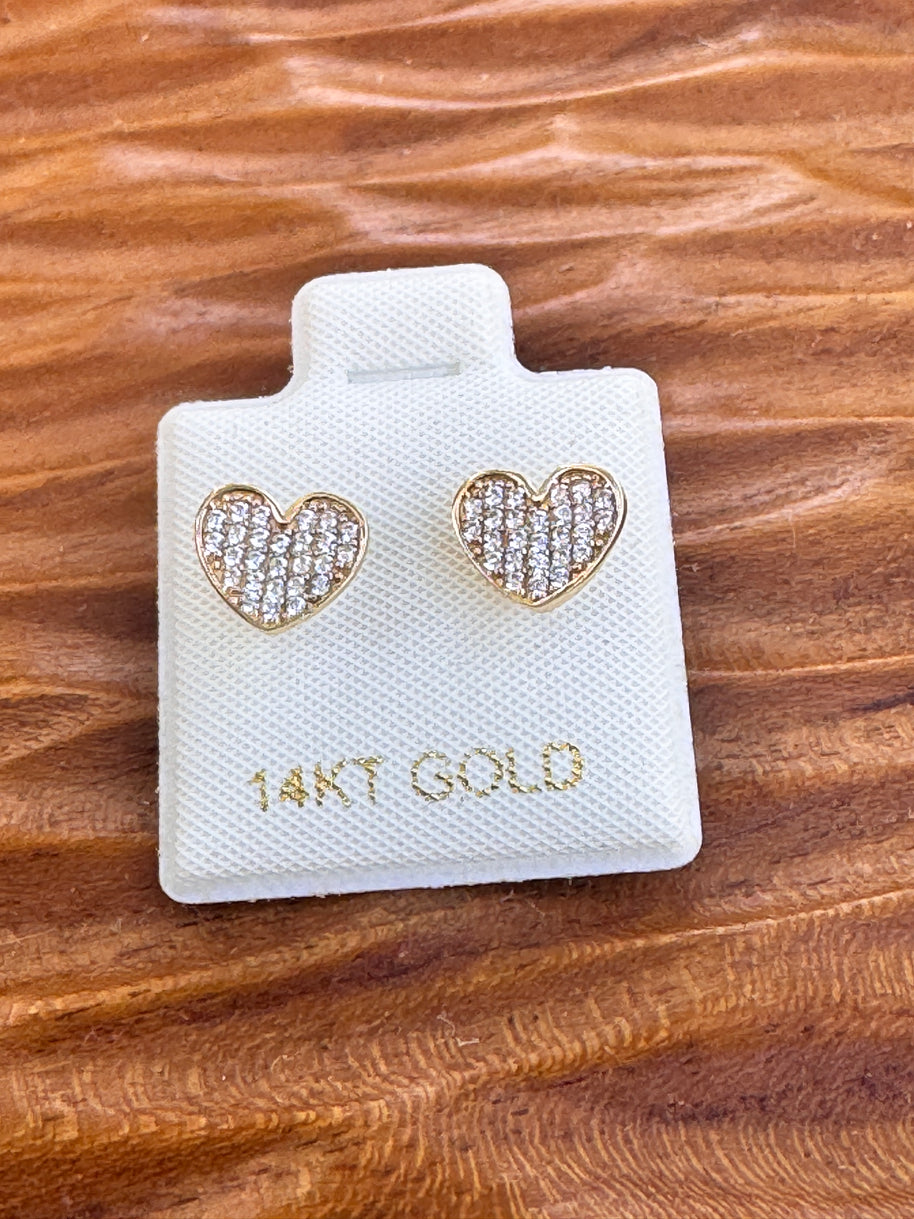 14K Gold CZ Heart Earrings – Pavé Style Cubic Zirconia, Dainty Studs, Diamond Look