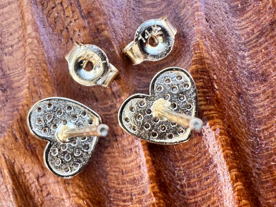 14K Gold CZ Heart Earrings – Pavé Style Cubic Zirconia, Dainty Studs, Diamond Look