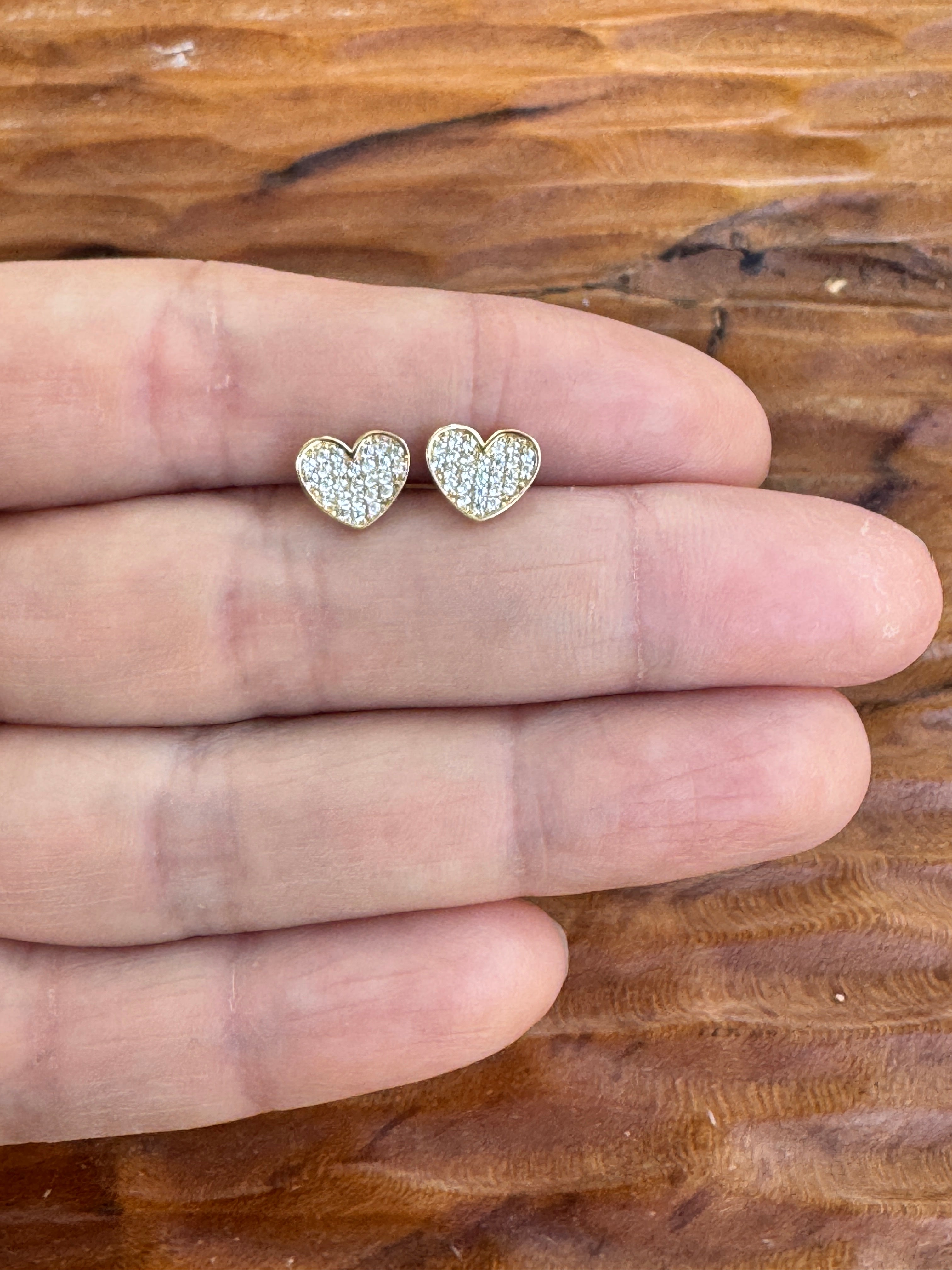 14K Gold CZ Heart Earrings – Pavé Style Cubic Zirconia, Dainty Studs, Diamond Look