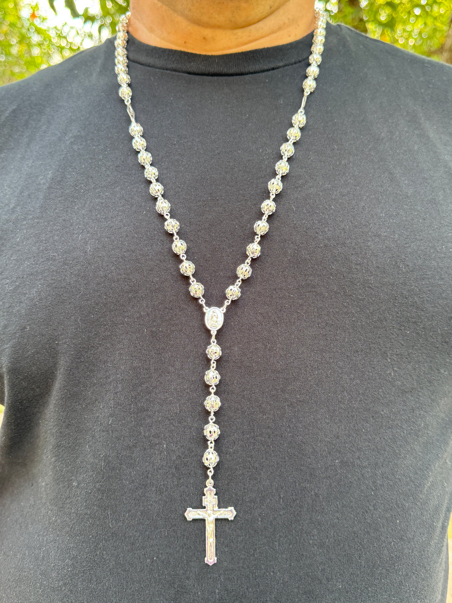 Sterling Silver Rosary Necklace 21” Hollow Filigree Beads Catholic Cross Rosario Plata 925