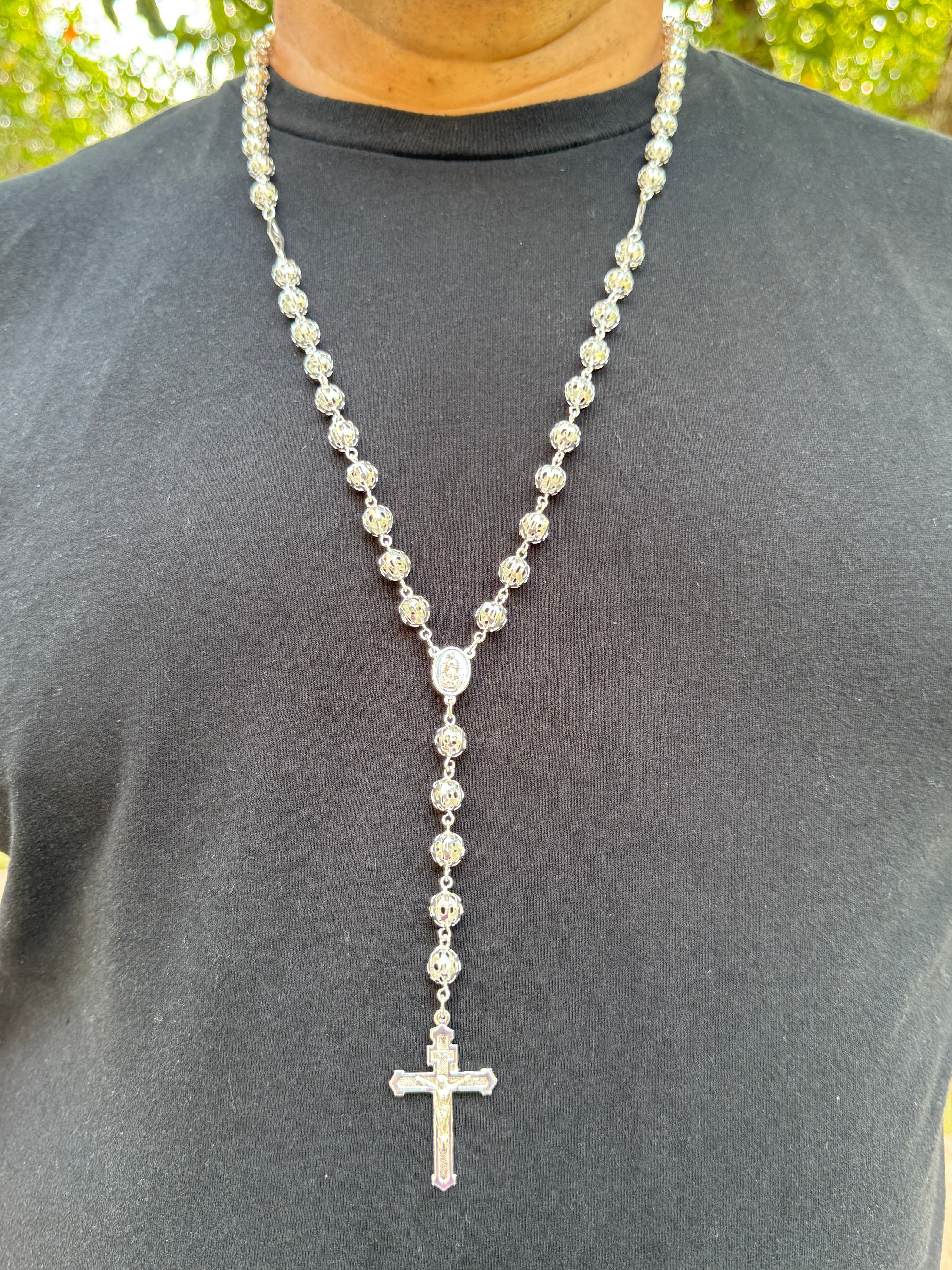 Sterling Silver Rosary Necklace 21” Hollow Filigree Beads Catholic Cross Rosario Plata 925