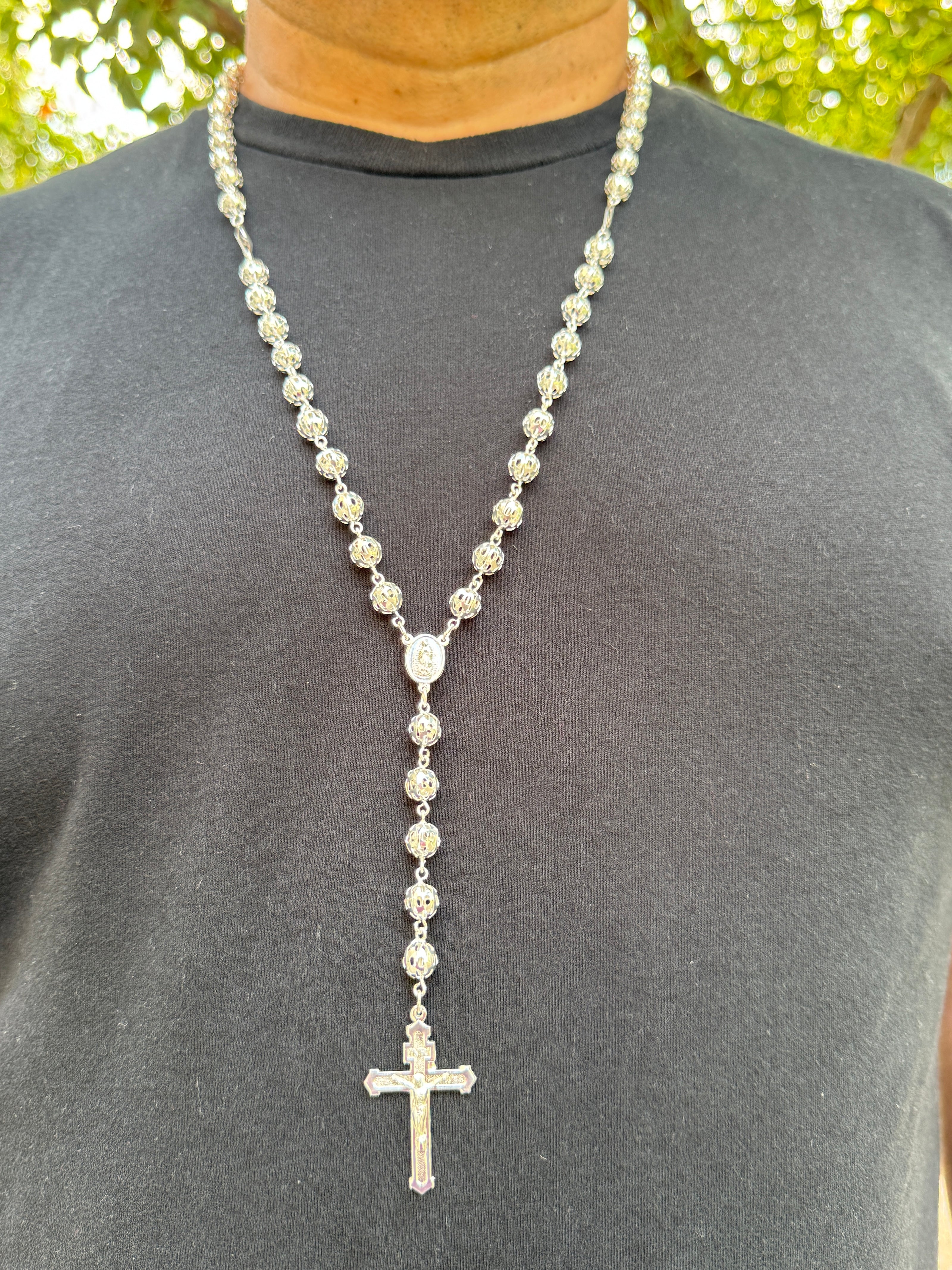 Sterling Silver Rosary Necklace 21” Hollow Filigree Beads Catholic Cross Rosario Plata 925