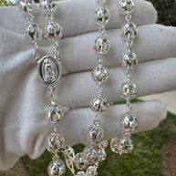 Sterling Silver Rosary Necklace 21” Hollow Filigree Beads Catholic Cross Rosario Plata 925