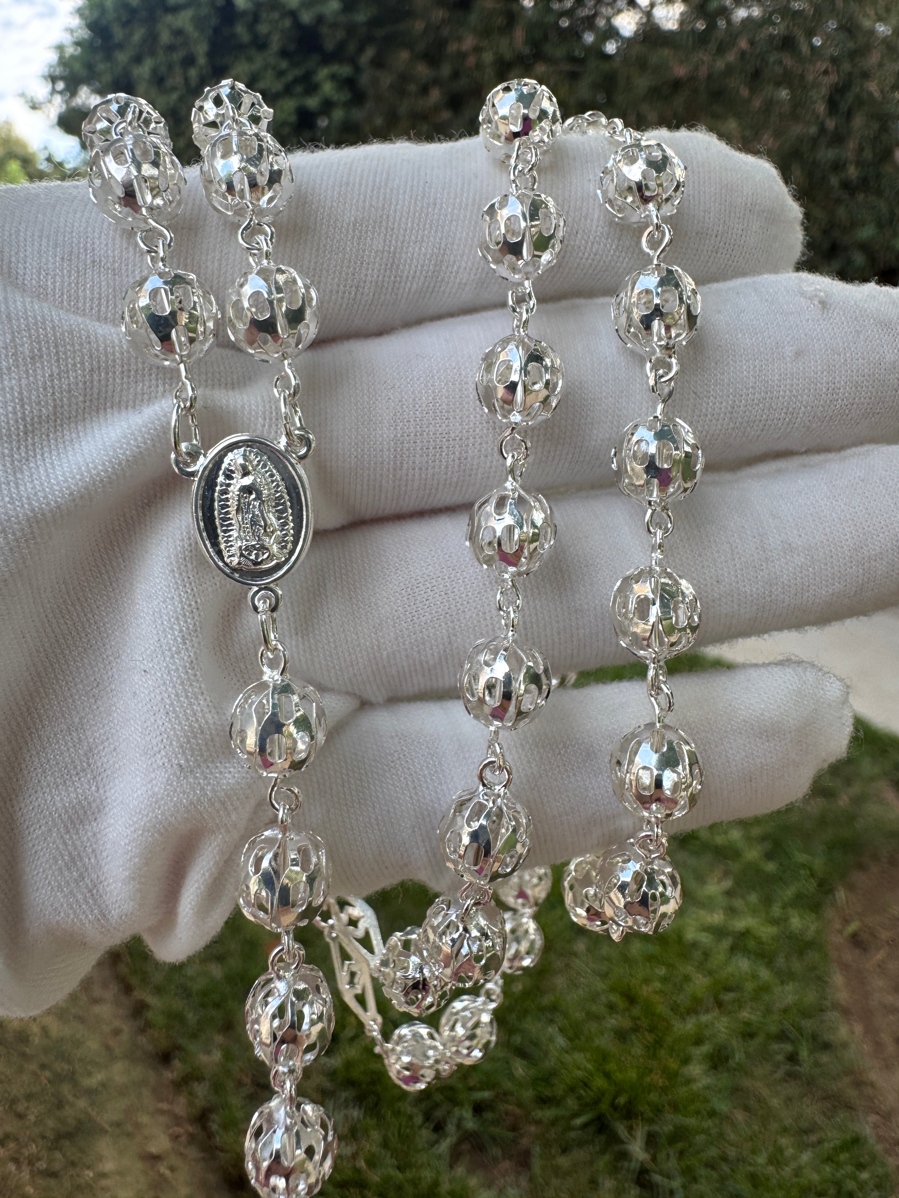 Sterling Silver Rosary Necklace 21” Hollow Filigree Beads Catholic Cross Rosario Plata 925