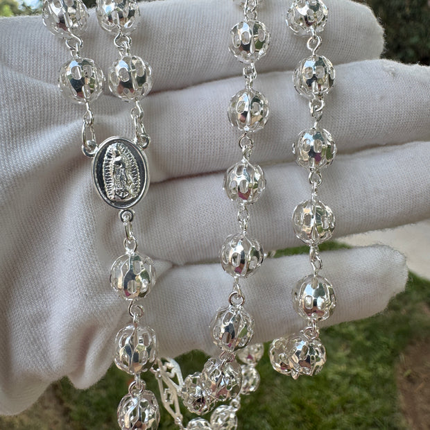 Sterling Silver Rosary Necklace 21” Hollow Filigree Beads Catholic Cross Rosario Plata 925