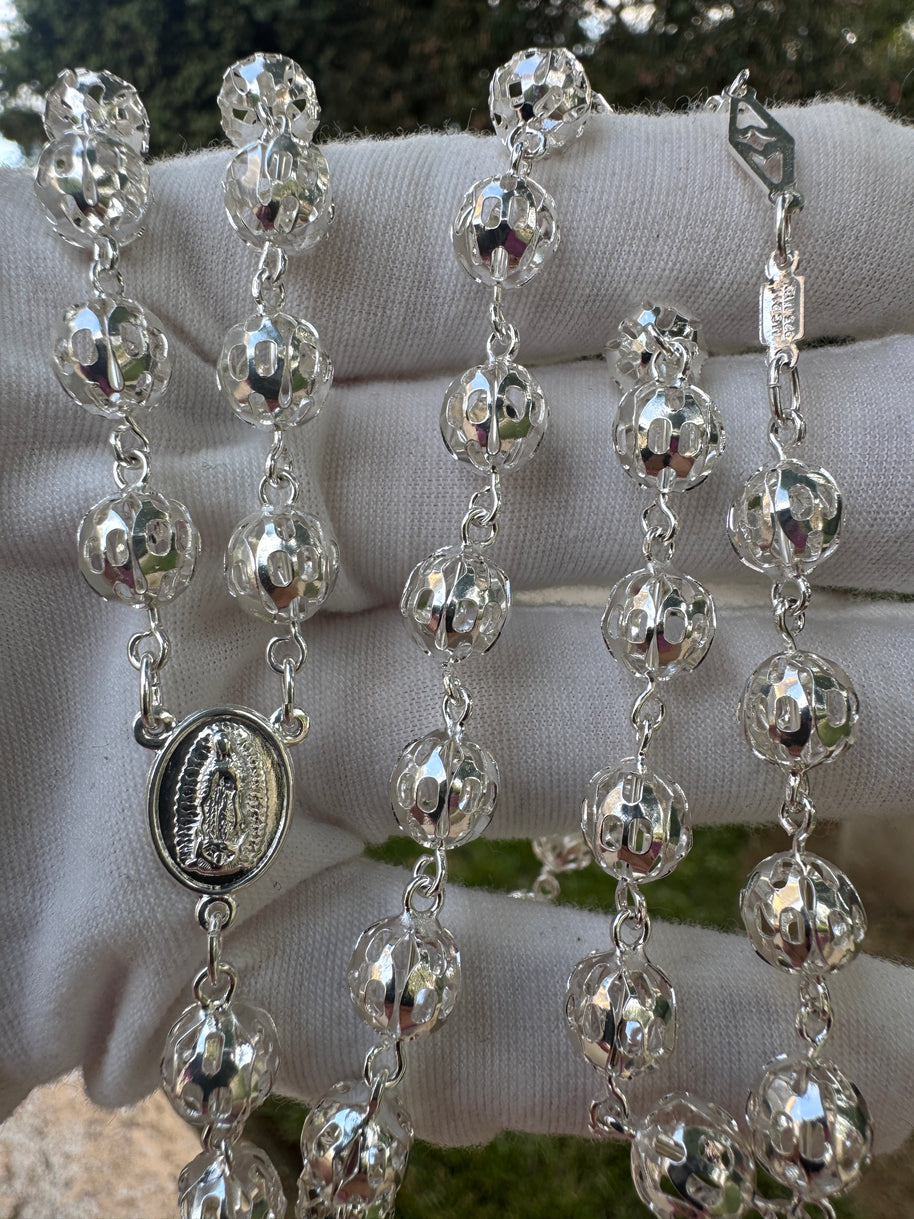 Sterling Silver Rosary Necklace 21” Hollow Filigree Beads Catholic Cross Rosario Plata 925