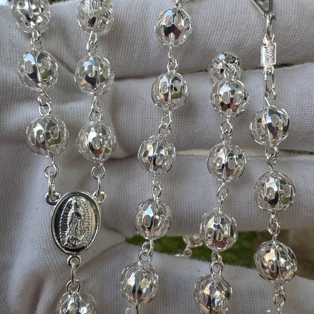 Sterling Silver Rosary Necklace 21” Hollow Filigree Beads Catholic Cross Rosario Plata 925
