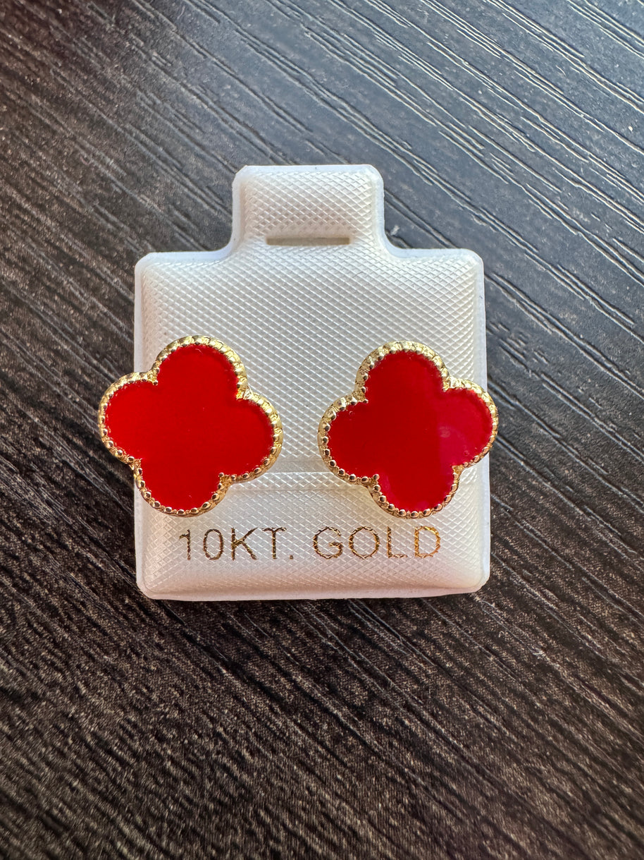 10K Gold Red Clover Elegant Floral Quatrefoil Earrings Studs