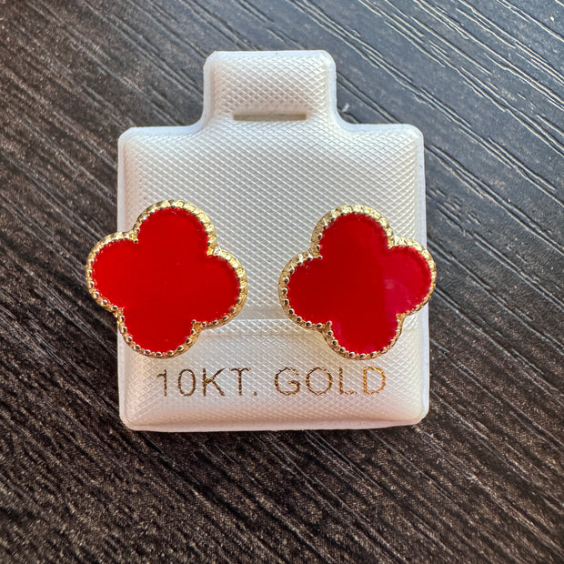 10K Gold Red Clover Elegant Floral Quatrefoil Earrings Studs