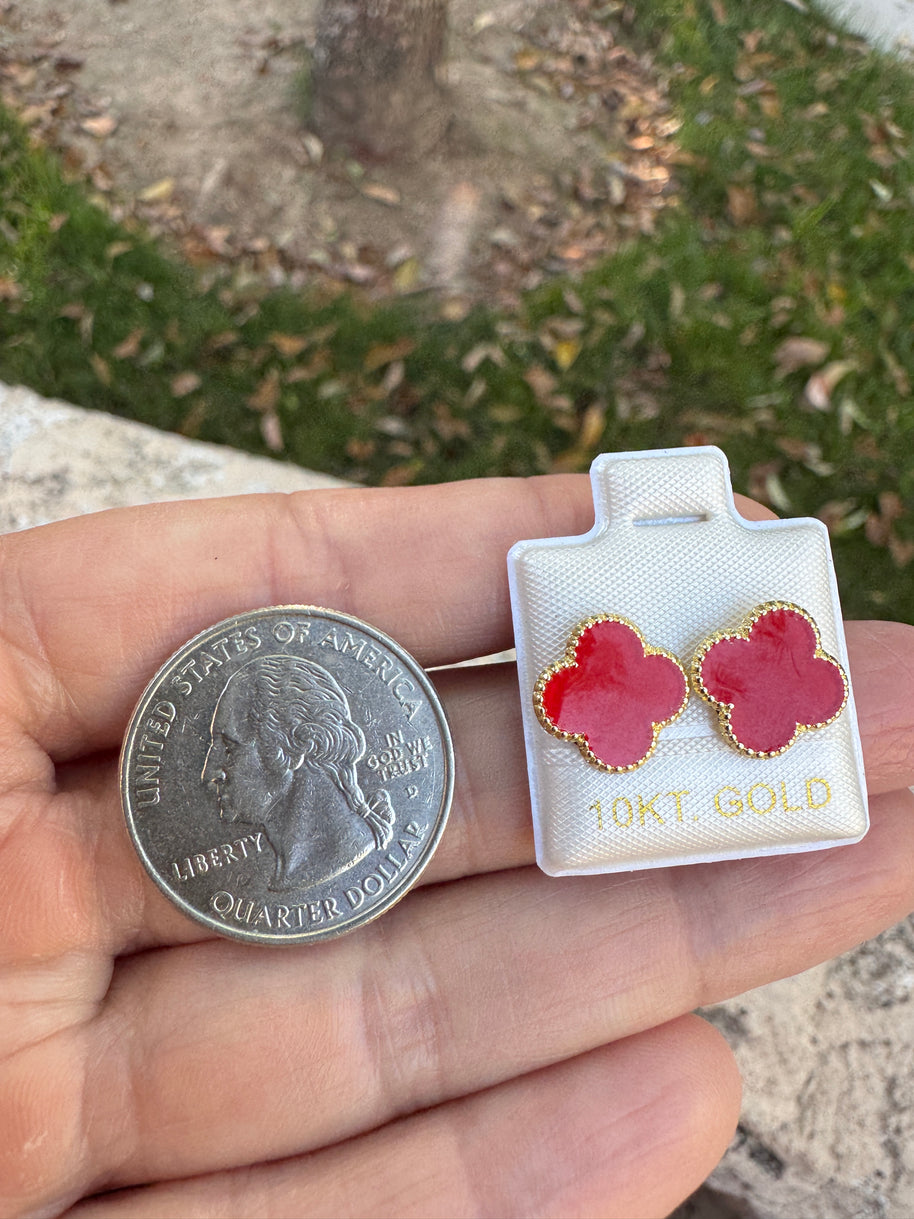 10K Gold Red Clover Elegant Floral Quatrefoil Earrings Studs