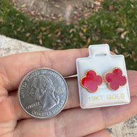 10K Gold Red Clover Elegant Floral Quatrefoil Earrings Studs