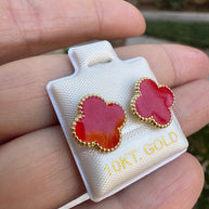 10K Gold Red Clover Elegant Floral Quatrefoil Earrings Studs