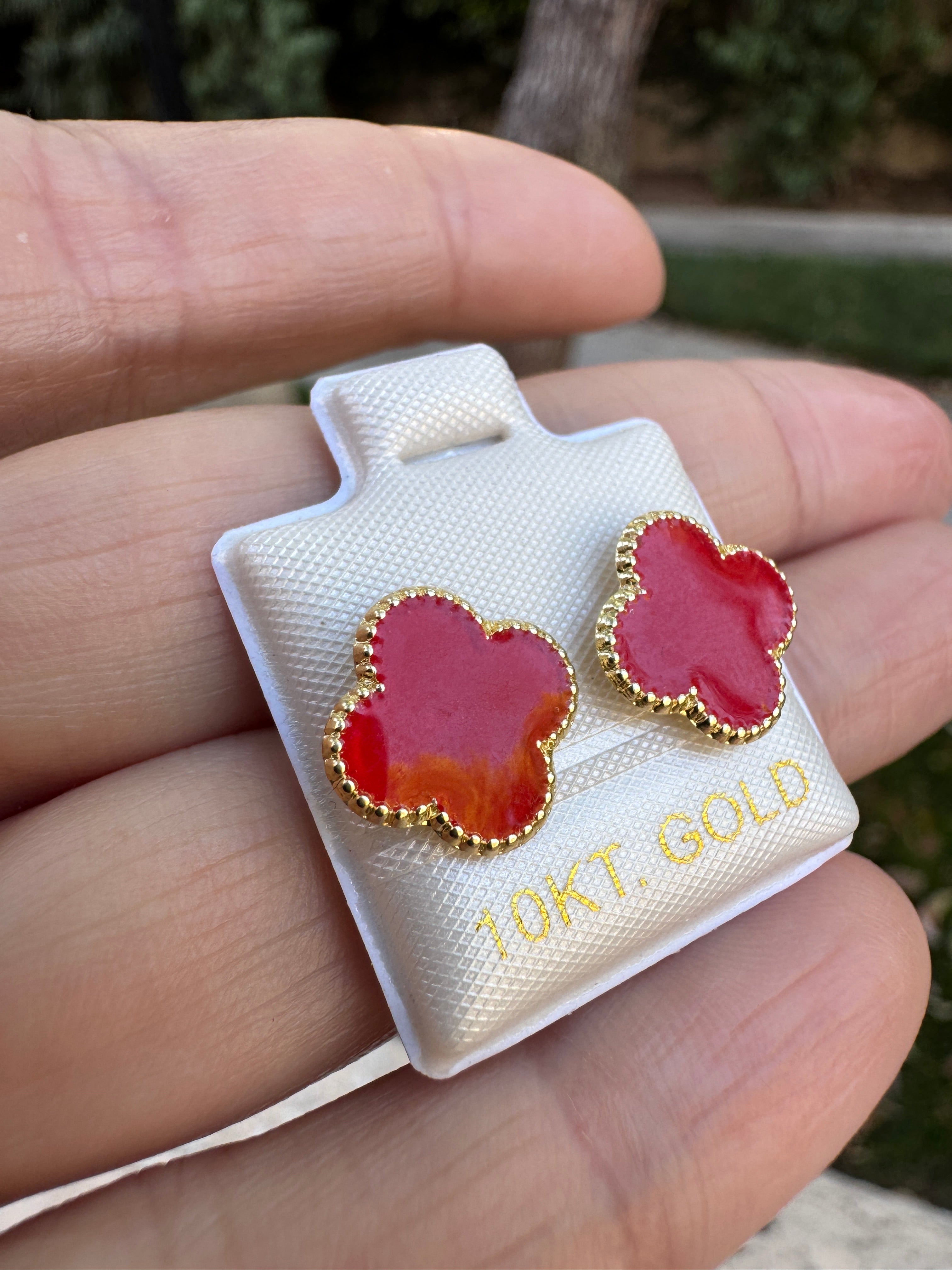 10K Gold Red Clover Elegant Floral Quatrefoil Earrings Studs