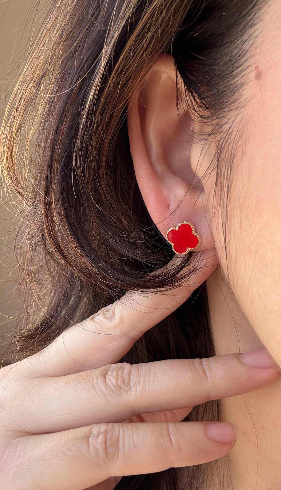 10K Gold Red Clover Elegant Floral Quatrefoil Earrings Studs