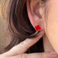 10K Gold Red Clover Elegant Floral Quatrefoil Earrings Studs