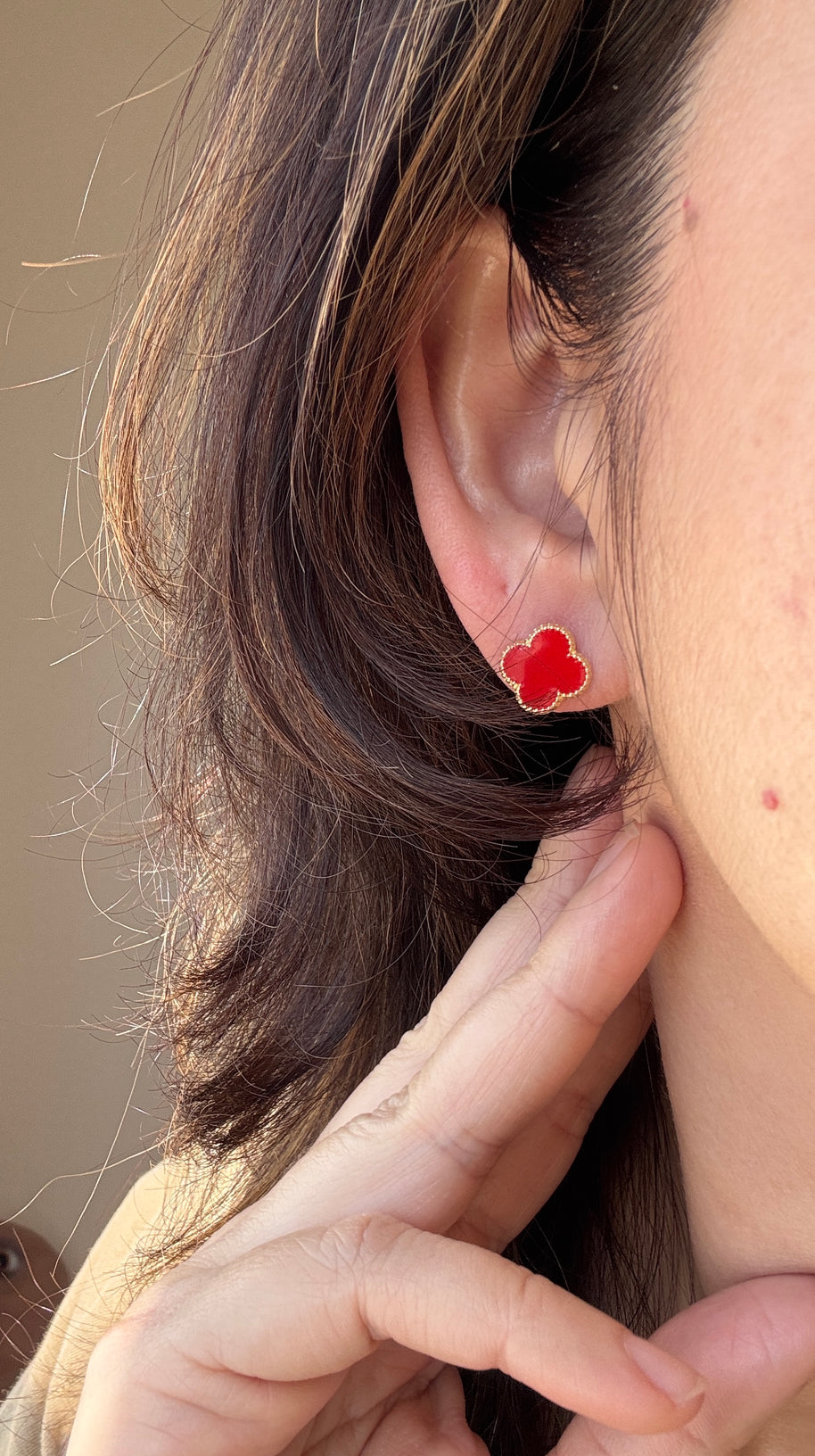 10K Gold Red Clover Elegant Floral Quatrefoil Earrings Studs