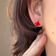 10K Gold Red Clover Elegant Floral Quatrefoil Earrings Studs