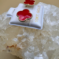 10K Gold Red Clover Elegant Floral Quatrefoil Earrings Studs