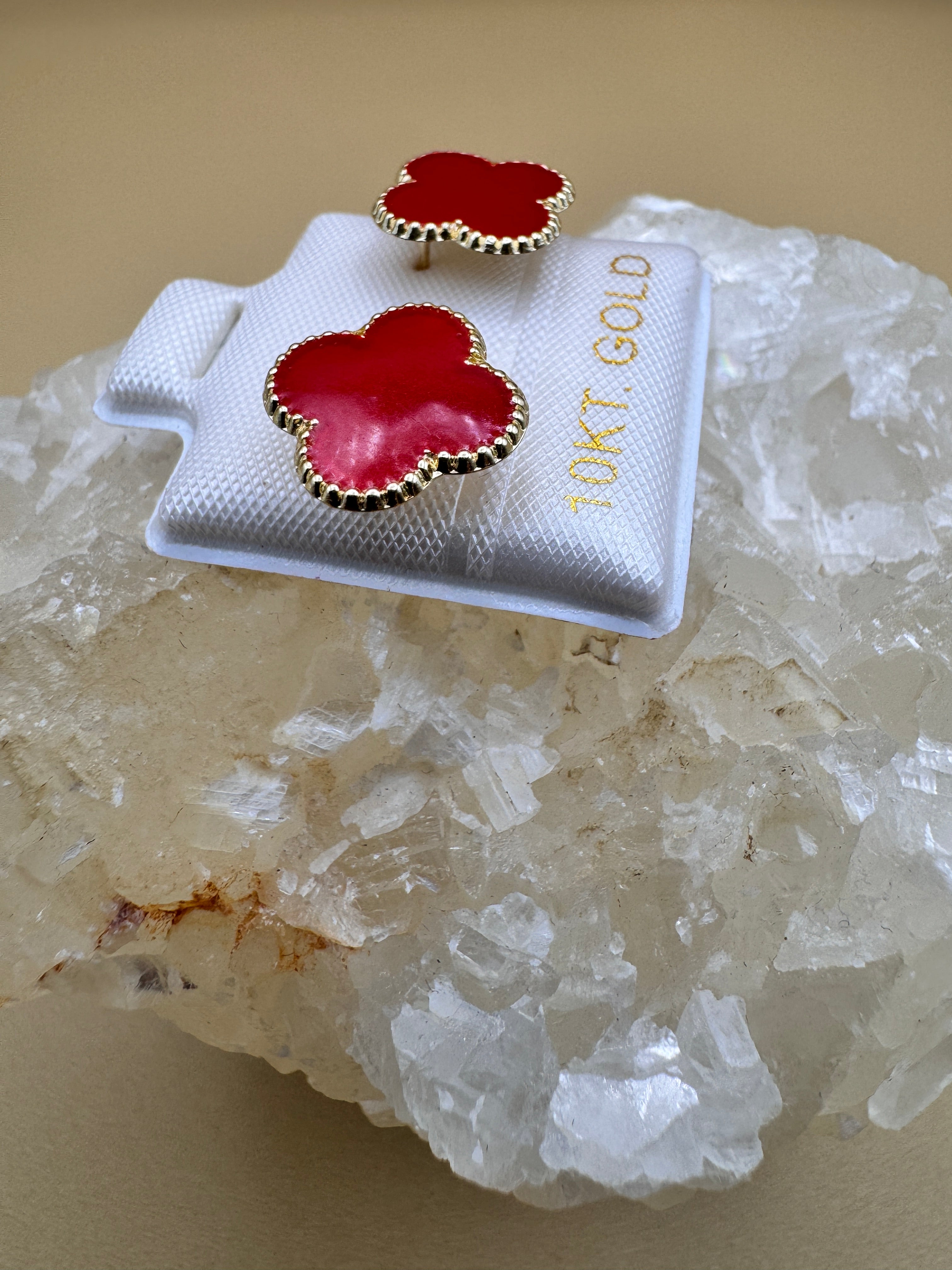 10K Gold Red Clover Elegant Floral Quatrefoil Earrings Studs