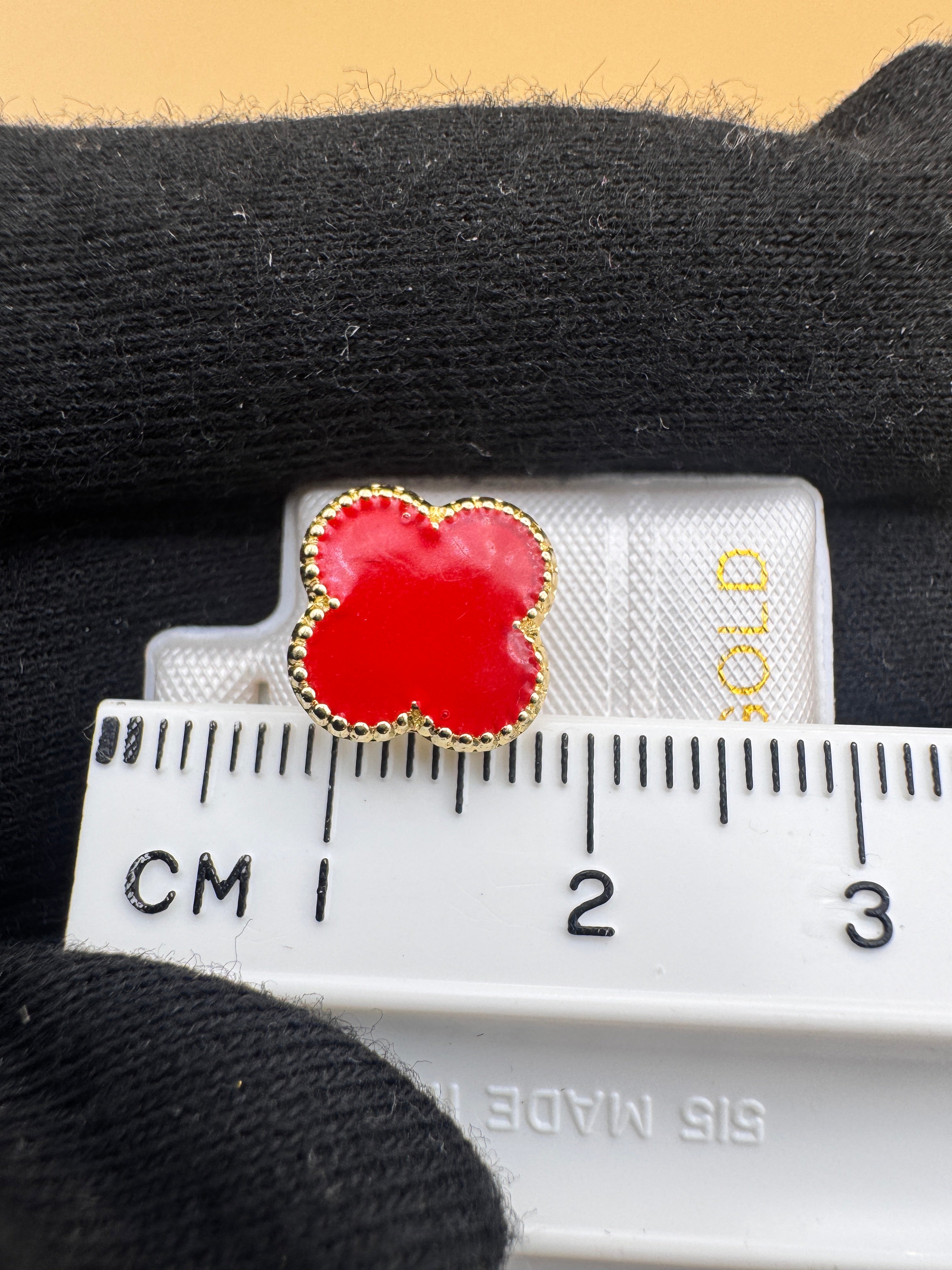 10K Gold Red Clover Elegant Floral Quatrefoil Earrings Studs