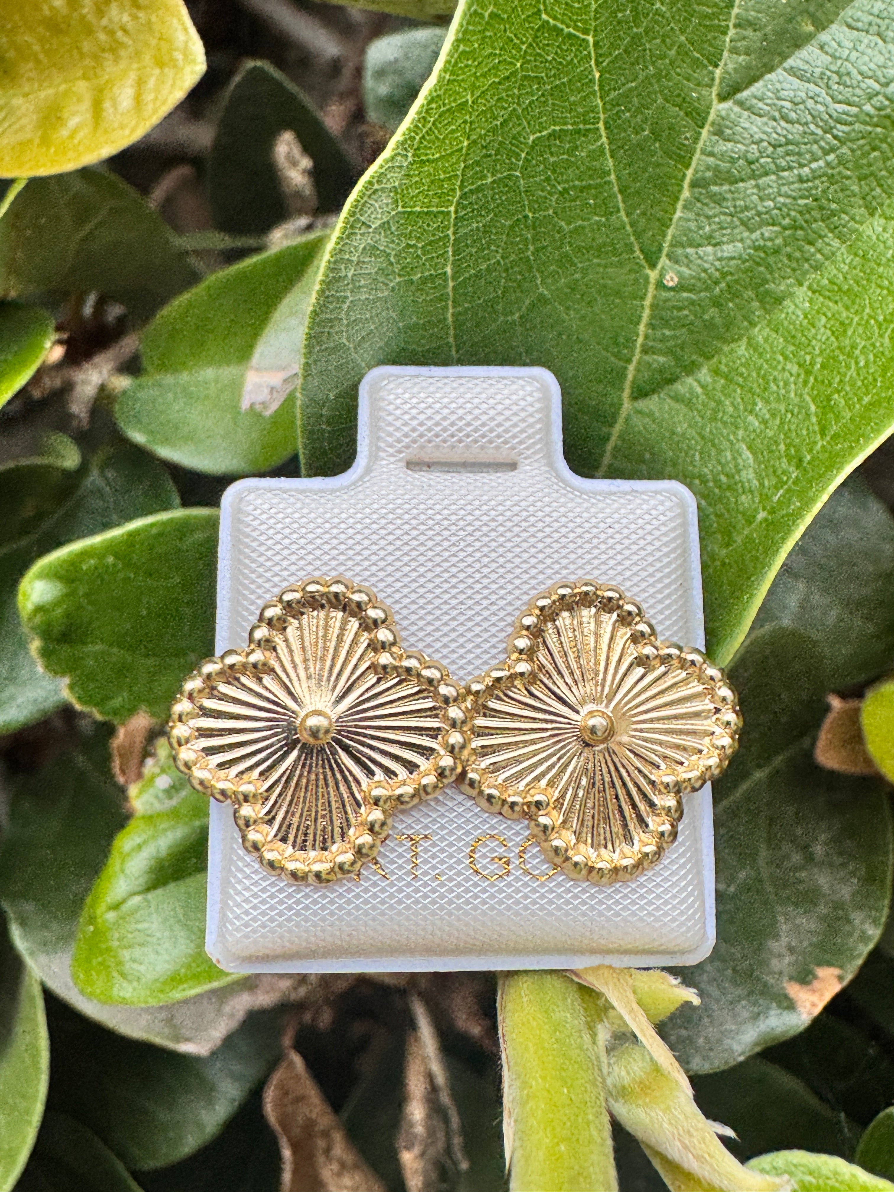 10K Gold Textured Clover Stud Earrings | Elegant Quatrefoil Sunburst Earrings
