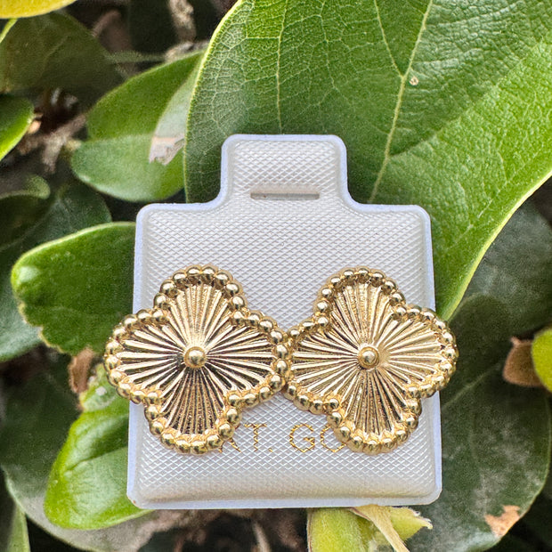 10K Gold Textured Clover Stud Earrings | Elegant Quatrefoil Sunburst Earrings