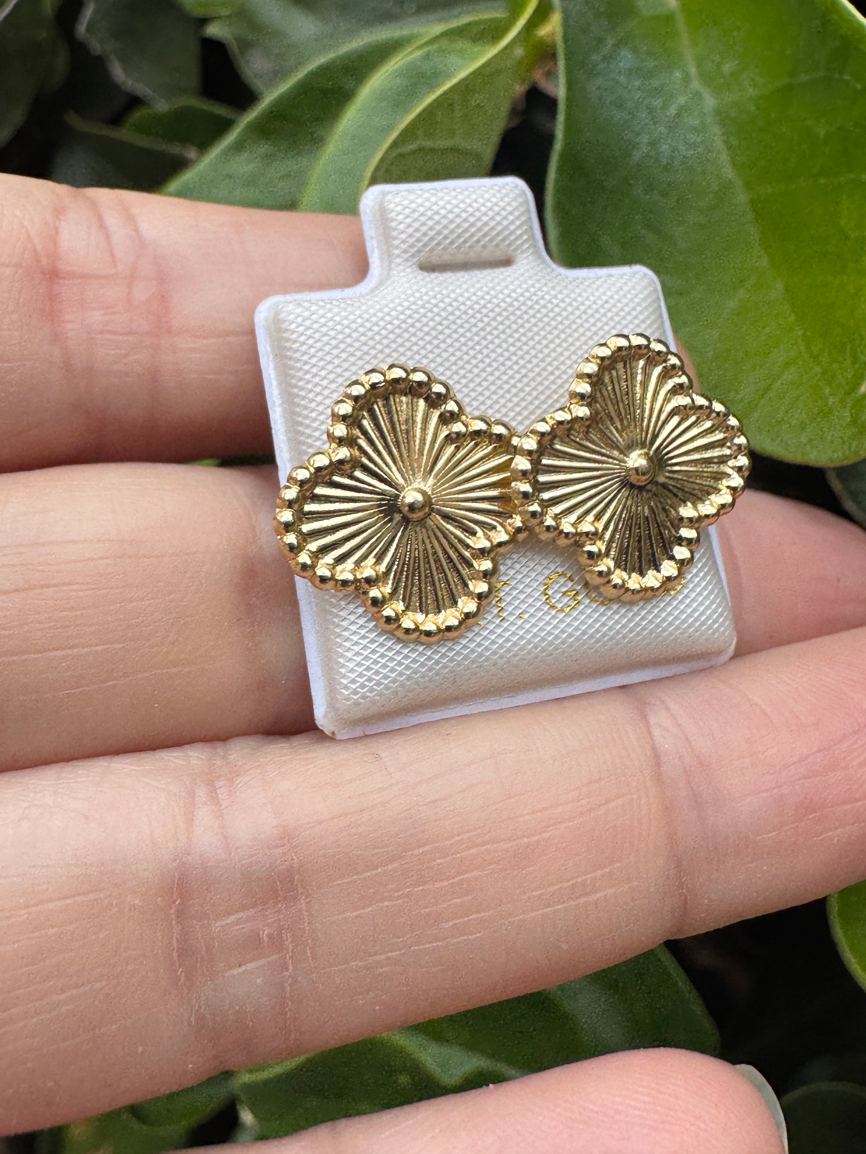 10K Gold Textured Clover Stud Earrings | Elegant Quatrefoil Sunburst Earrings