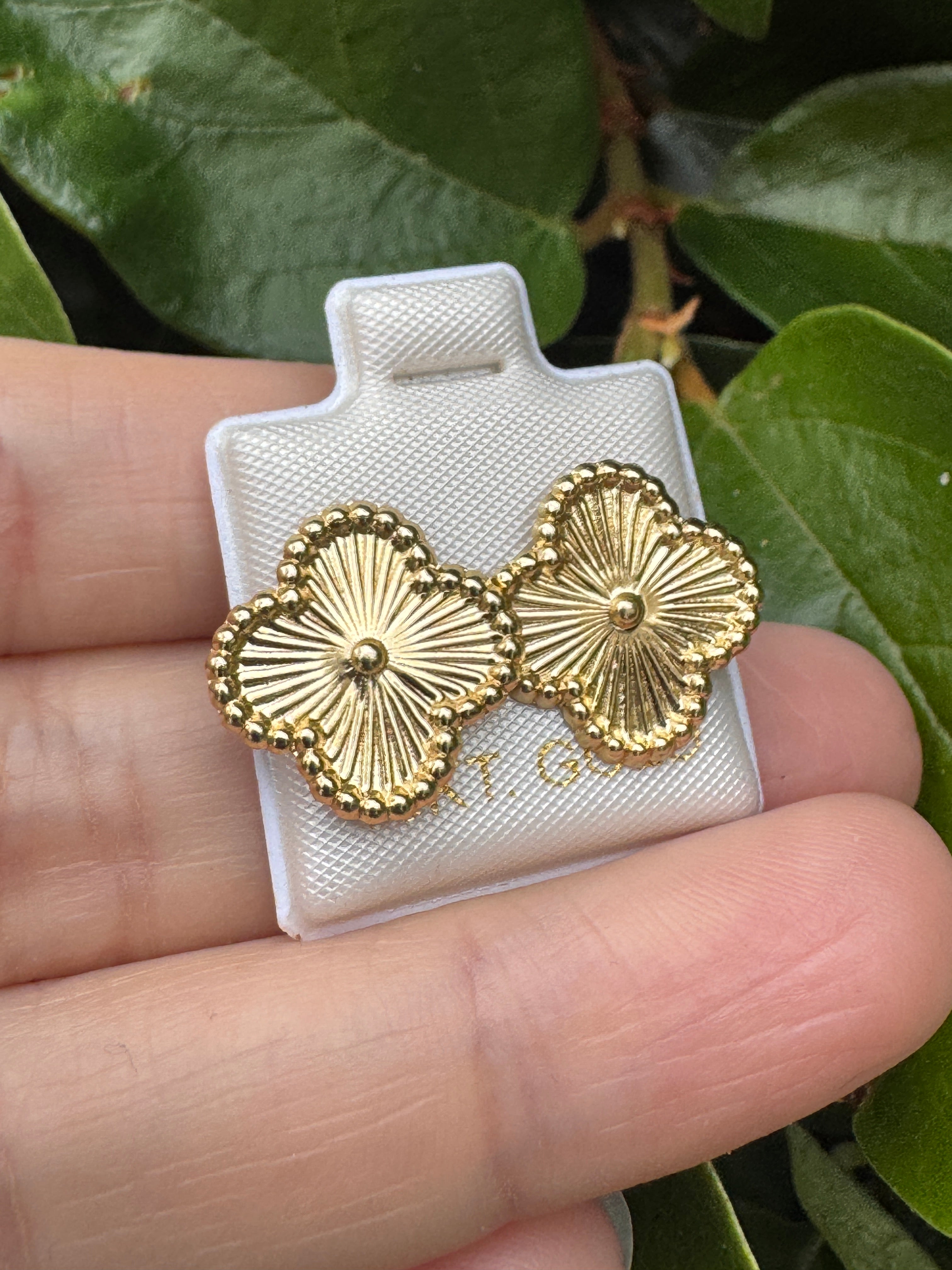 10K Gold Textured Clover Stud Earrings | Elegant Quatrefoil Sunburst Earrings
